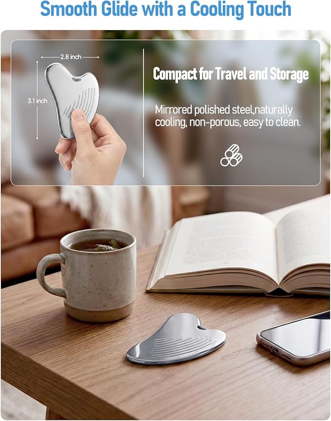 Amirce Non-Slip Grip Stainless Steel Gua Sha Tool for Face, Ribbed Facial Guasha Massage Tool, Cooling Metal Face Massager Scraper for Jawline Sculpting Cheeks & Chin Present for Women Moms