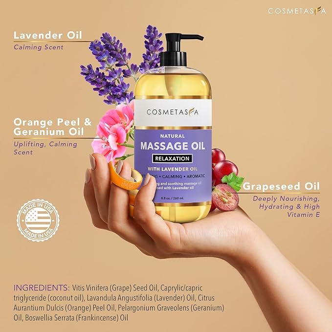 Cosmetasa Lavender Massage Oil for Massage Therapy with Hot Stones – Natural, Cruelty-Free & Spa Quality Skin Therapy Oil & Soothing Care – Lavender, Geranium & Grapeseed Oil (8.8 oz)