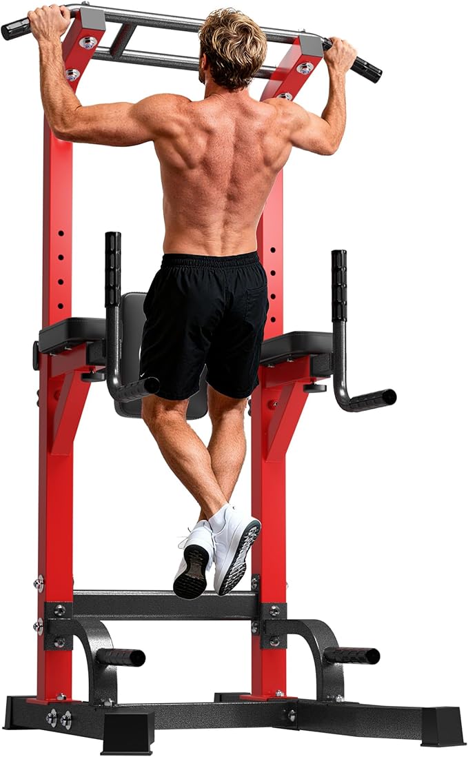 DlandHome Power Tower Pull Up Bar Station, Heavy Duty Adjustable Height for Home Gym Strength Training Equipment 330LBS Weight Capacity, Pull Up Dip Station