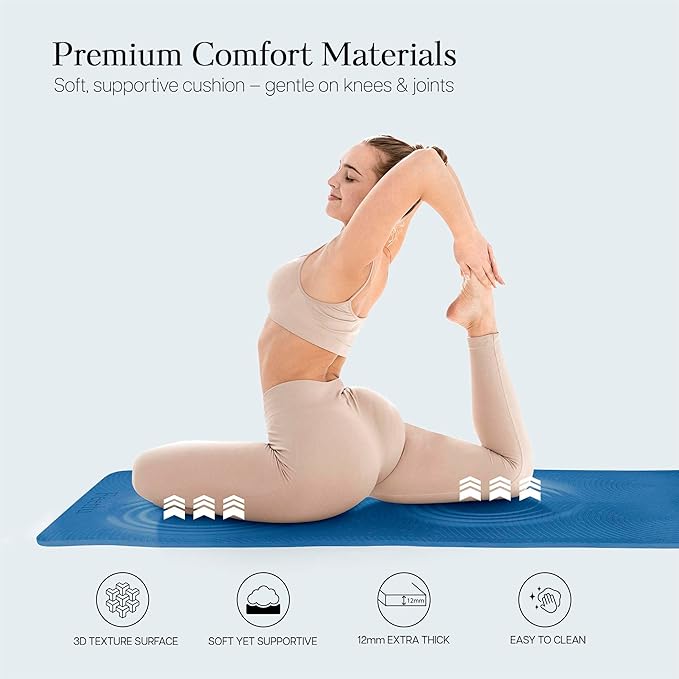Extra Thick 12mm Exercise Mat – Non-Slip, Joint-Friendly & Cushioned Fitness Mat for Yoga, Pilates & Floor Workouts – Durable, Supportive & Includes Feetlu Classic Strap
