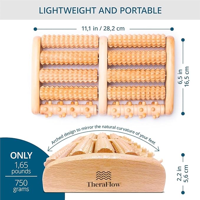 TheraFlow Foot Massager for Neuropathy & Plantar Fasciitis Relief - Mom Gifts for Women & Gifts for Dad, Wooden Foot Roller Massager, Neuropathy Pain Relief for Feet (Includes Reflexology Chart)