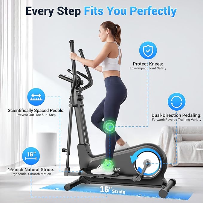 ANCHEER Elliptical Exercise Machine, Elliptical Trainer for Home Gym Exercise Equipment 550Lbs Max Weight, Ultra-Silent Elliptical Machine 16 Resistance Levels Pulse Rate Grips