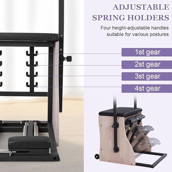 Oak Wood Pilates Chair Professional Yoga Chair Pilates Machine with Adjustable Resistance Handles and Split Pedals for Home and Studio Use