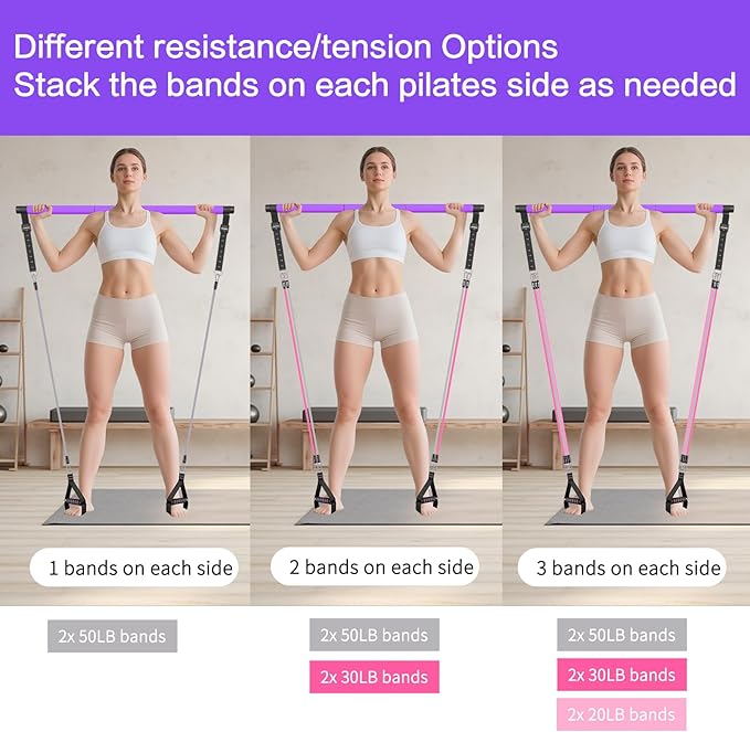 Pilates Bar Kit with Resistance Bands,Pilates Bar with Stackable Bands Workout Equipment for Legs,Hip,Waist and Arm,Exercise Fitness Equipment for Women & Men Home Gym Yoga Pilates