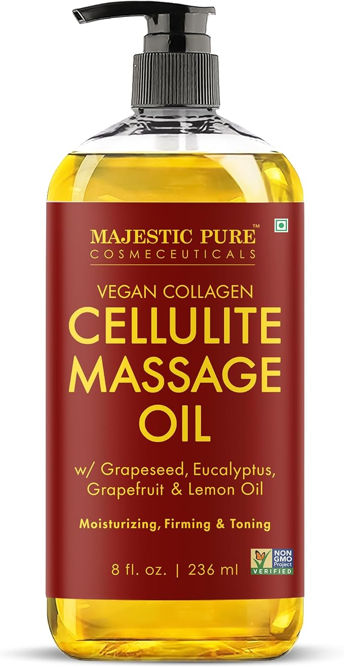 Majestic Pure Cellulite Massage Oil for Massage Therapy- Refreshing and Relaxing- Natural Oils with Grapeseed, Eucalyptus, Grapefruit & Lemon Oil- All Skin Types- Men and Women Massage Lotion- 8 fl oz