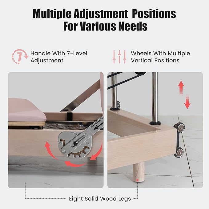 Pilates Reformer Machine, Premium Foldable Pilates Reformer, Durable and Quiet, Pilates Equipment for Home Workouts with Reformer Accessories and Reformer Pilates Box (Pink)