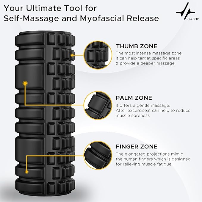 PulseITRoll 30cm Foam Roller – Deep Tissue Back & Muscle Massager for Pain Relief, Myofascial Trigger Point Therapy, Yoga, Pilates & Fitness Recovery – 30CM High-Density Black Roller