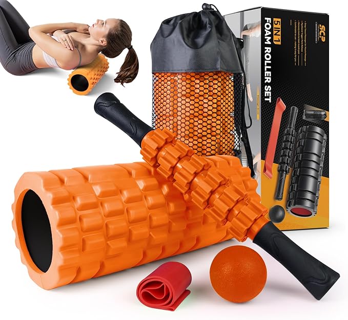 5-in-1 Foam Roller Set for Deep Tissue Muscle Massage, Trigger Point Fitness Tool with Muscle Stick Roller, Massage Ball, Stretching Strap for Whole Body (Orange-New)