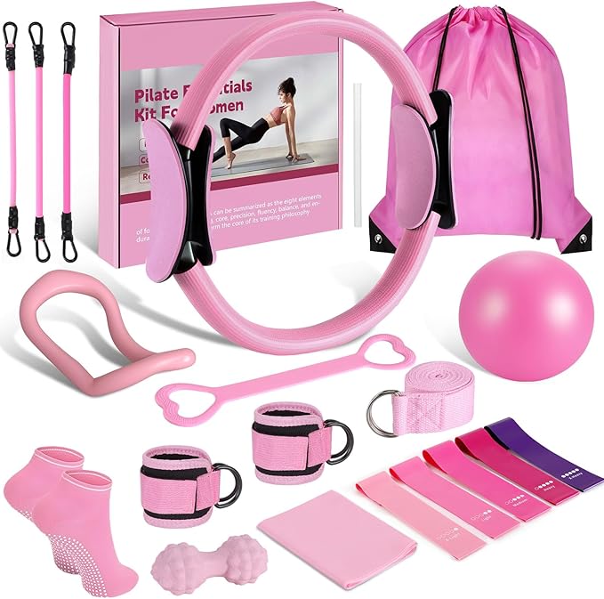 19 Pack Pilates Ring Set for Womem, Home Workout Equipment with 12 inch Magic Circle Pilates Ring and Ball Set, 5 Resistance Bands, Magic Circle, Grip Socks & Accessories for Full Body Toning