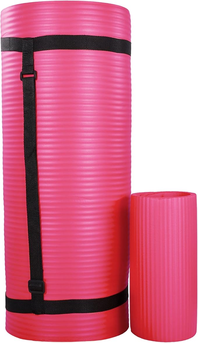 BalanceFrom 71x24 Inches Yoga Mat with Knee Pad and Optional Blocks – Extra 1-Inch Thick Non-Slip Foam with Anti-Tear Surface and Carrying Strap for Home, Studio, or Gym Workouts