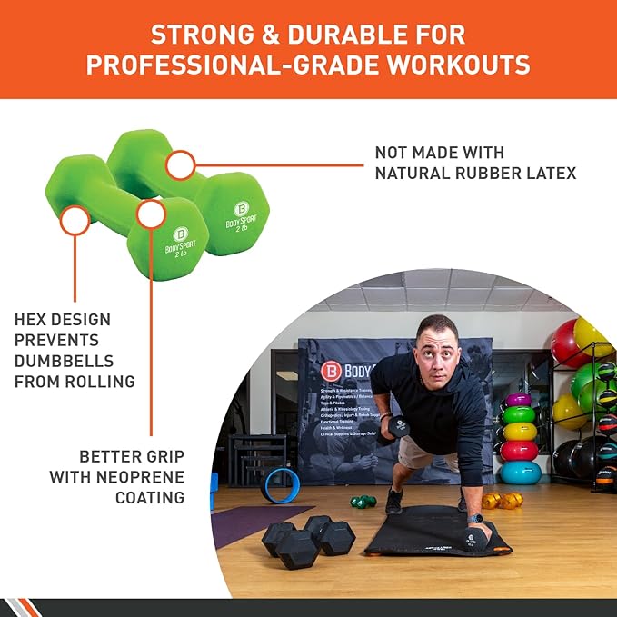 Body Sport Neoprene Dumbbell Weight - Latex-Free, Strength Training Equipment for Home Fitness & Gym Workouts