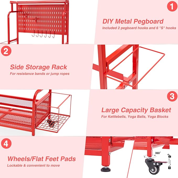 56'' Taller Home Gym Storage Organizer, Yoga Mat Storage Rack with Hanging Board, Exercise Workout Equipment Storage Stand for Home Gym, Dumbbell Holder Kettlebell Rack with Wheels and Hooks