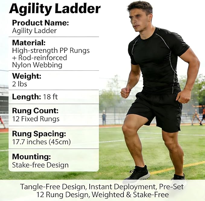 Tangle-Free Agility Ladder Speed Training Equipment - 2lbs Heavy Duty Design with 12 Fixed Rungs - 18ft Connectable Quick Setup Footwork Drill Gear for Soccer, Football, Boxing (Storage Bag Included)