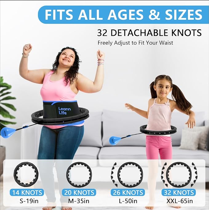 U2 Black-32 Knots 19”- 65”, Detachable & Size Adjustable Weighted Hula Hoop for Kids Adults Weight Loss, Infinity Hoop Plus Size, Abdominal Toner,5 Color Balls, Free Waist Trimmer&Wash Bag