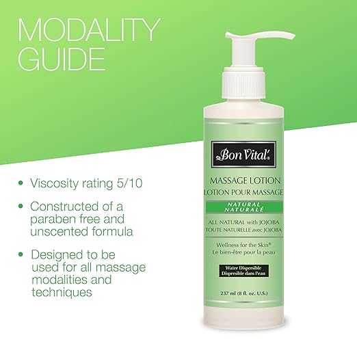 Bon Vital', Naturale Massage Lotion, 8 oz, All Natural Massage Lotion for Massage Therapy and Bodywork, Lightweight Unscented Lotion, Plant-Based Ingredients for Smooth Application