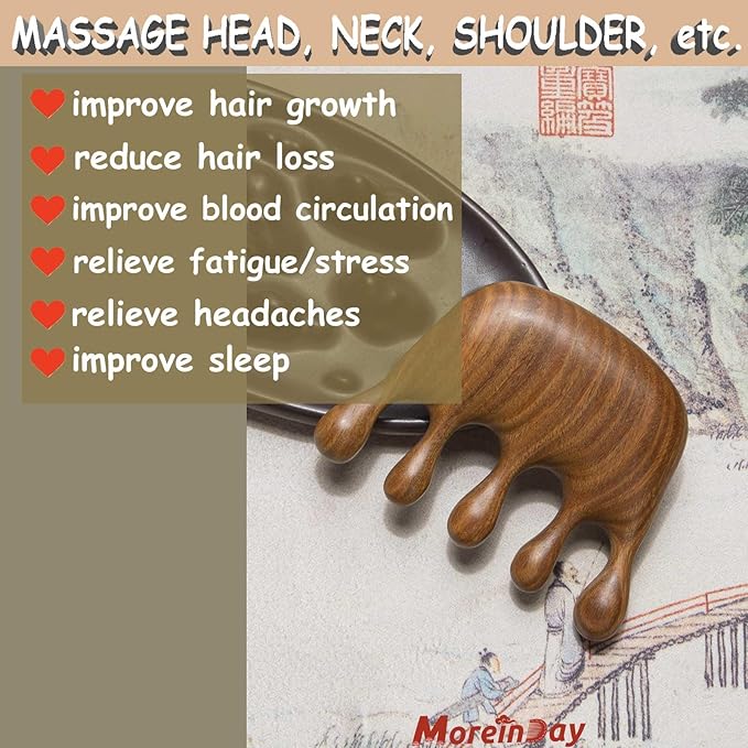 Wooden Scalp Massager Comb, Green Sandalwood Handmade Massage Comb for Hair Growth and Scalp Relax, Loc Comb for Sisterlocks, Head Massager for Women Men, Unique Natural Aroma - Size S