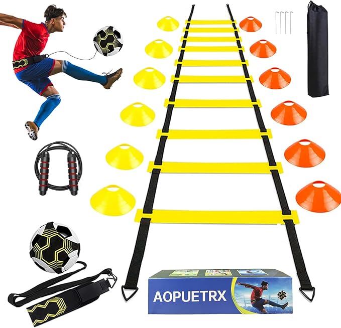 Agility Training Set for Soccer & Football - 20FT Speed Ladder, 12 Cones, and Training Aids for Kids Youth Sports Practice, Footwork Drill Kit