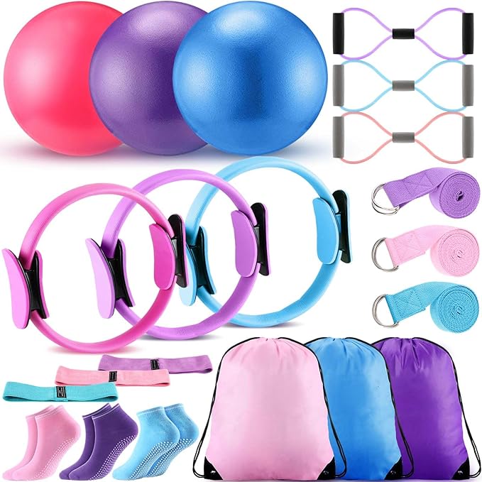 Poen Pilates Equipment Kit for Home Workout Pilates Ring and Ball Set for Women 12'' Circle Yoga Fitness Essentials Kit with Resistance Bands, Yoga Strap, Socks,Bag