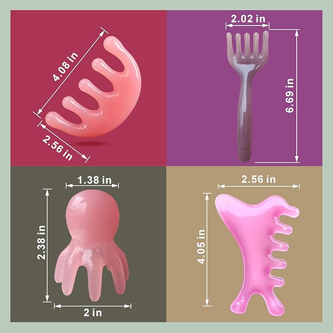 4 Pcs All-in-One Head Massager Set: Scalp Comb, Gua Sha, Octopus & Five Claw Tool for Stress Relief, Relaxation, Acupressure - Gift for Christmas, Birthday, Mother's Day, Father's Day (Pink)