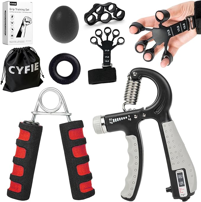 CYFIE Grip Strength Trainer Kit, Adjustable Hand Gripper Strengthener, Forearm Strengthener & Finger Exerciser Set with Finger Stretcher, Stress Ball & Grip Ring for Athletes, Rock Climbing & Rehab