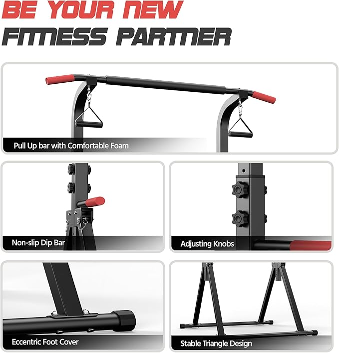Power Tower Pull Up Bar Free standing with Resistance Bands, 350LBS Heavy Duty Alloy Steel Dip Station for Home Gym Strength Training, Adjustable Height Workout Equipment
