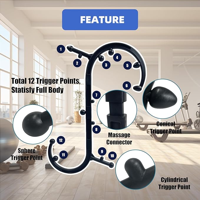 Trigger Point Massager & Back Cane- Deep Tissue Back Massage Tool for Muscle Knot Pain Relief (Back, Neck, Shoulder, Legs & Feet), Handheld Self Massage Cane with S-Shaped Dual-Section Design(Black)