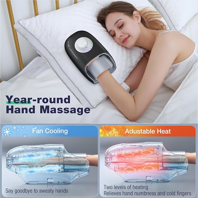 Hand Massager with Heat and Compression, Hand Massage for Arthritis and Carpal Tunnel Relief, 6 Modes Pressure Point Therapy, Blowing Wrist Massager, Finger & Palm Kneading, Gifts for Mom Dad