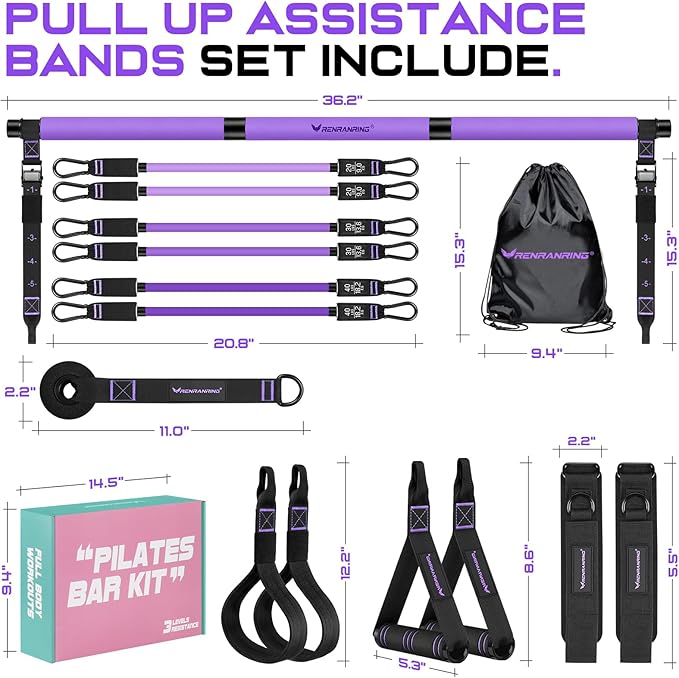 Pilates Bar Kit with Resistance Bands, Multifunctional Pilates Bar for Women & Men with Heavy-Duty Metal Adjustment Buckle, Pilates Home Equipment for Full BodyWorkouts