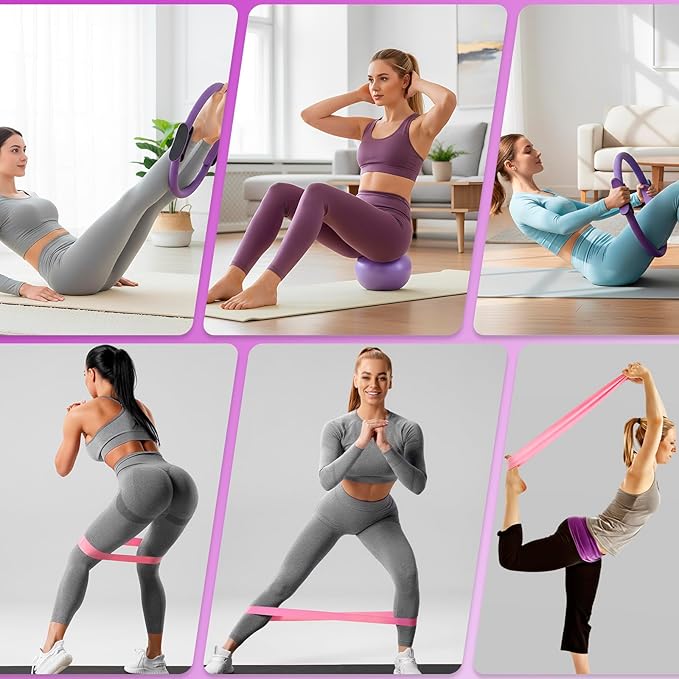 Pilates Ring Ball Equipment Kit - 27Pcs, 12" & 14" Magic Circle Workout Rings, 9.8" Exercise Balls, Workout Cards, Resistance Bands, Women Yoga Essentials Set for Beginners, Home Reformer Accessories
