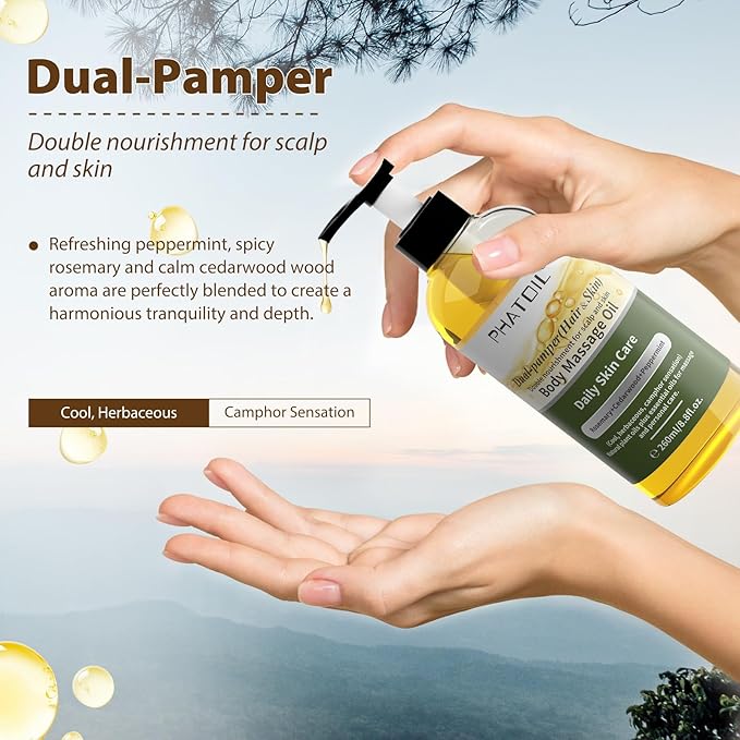PHATOIL Rosemary Body Oil, Dual-Pamper (Hair & Skin) Massage Oil 260 ml (8.8 fl.oz), Blends of Natural Plant Oils and Essential Oils, Body Oils for Women and Men, Rosemary Oil for Hair