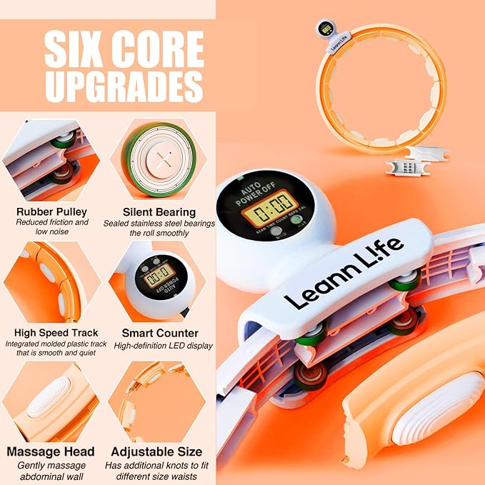 U5 Smart Weighted Hula Hoop with Counter – 16 Knots, 28"–46" Adjustable Infinity Hoop Plus Size, Quiet Rubberized Wheels, Ab Workout, Home & Outdoor Fitness, Weight Loss, Abdominal Toner
