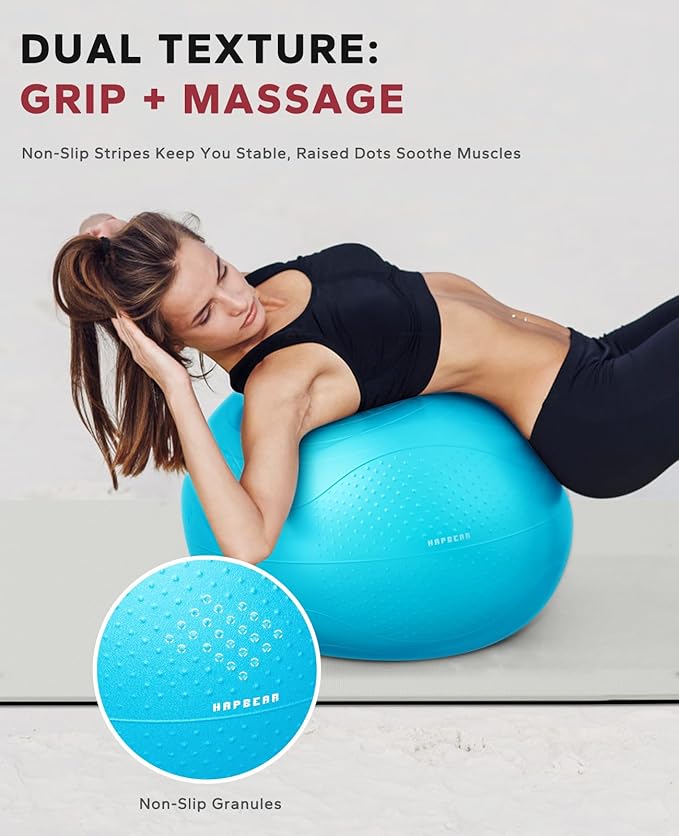 HAPBEAR Exercise Ball (22''/26''/30'') - Anti-Burst Slip-Resistant Yoga/Pilates Ball for Core Training & Posture Improvement, Home Gym/Rehab/Pregnancy Ball, Quick Pump & 3 Resistance Bands Included