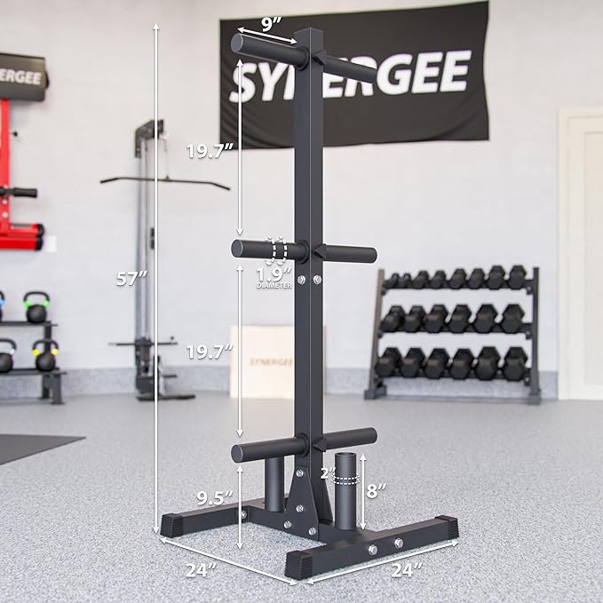 Synergee Olympic Weight Plate Tree Rack & Barbell Holder – Vertical Weight Rack for Gym Storage Home, Garage & Commercial