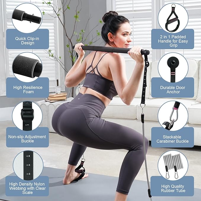 Pilates Bar Kit with Resistance Bands, Multifunctional Pilates Bar with 3 Set Exercise Resistance Bands, Portable Pilates Equipment for Women Home Gym Yoga Workouts