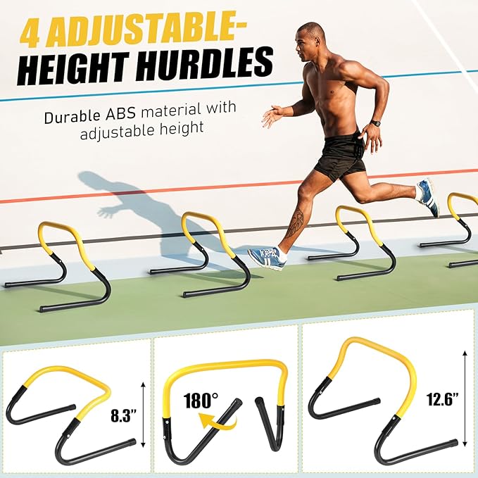 Agility Speed Training Equipment Set, Football Practise Set with 20ft Agility Ladder, 12 Cones, 4 Adjustable Hurdles, Jump Rope, for Basketball, Soccer Training, Football, Kids, Youth, Adults