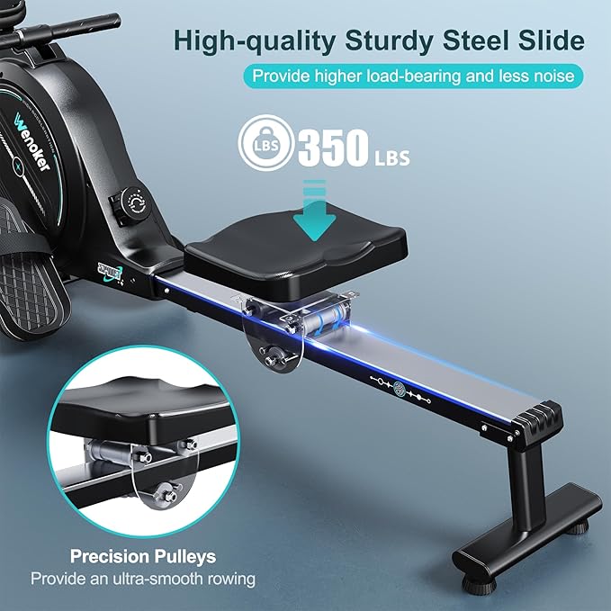Rowing Machine,Wenoker Magnetic Rower Machine for Home,App Supported 350 LB Weight Capacity, Smooth Whisper Quiet with LCD Monitor Tablet Holder & Comfortable Seat Cushion, Compact and Saves Space