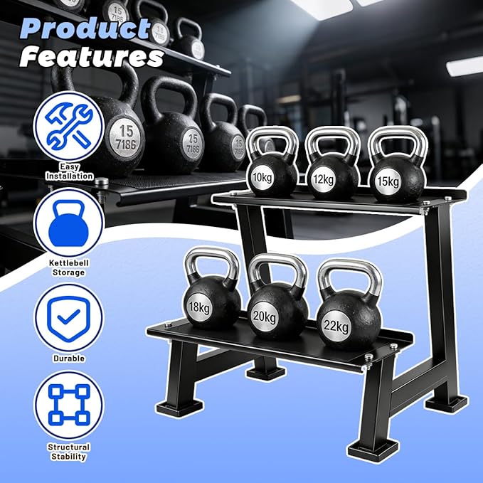 2 Tiers Kettlebell Storage Rack,Weight Rack for Home Gym Dumbbells with Anti Slip mats,Kettlebell Rack for Home Gym for Storing Kettlebells,Dumbbells,and Other Fitness Equipment