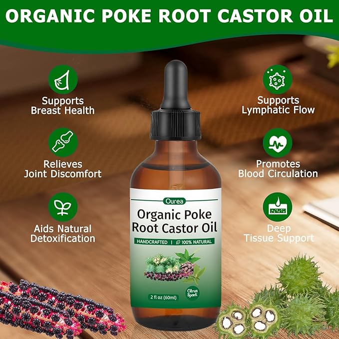 Organic Poke Root Castor Oil, Natural Lymphatic Support Massage Oil, Soothing Relief for Cysts, Boils, Breast, Fibroids, Swollen Lymph Nodes & Joint, Deep Tissue Drops – 2 Fl Oz, Citrus Spark