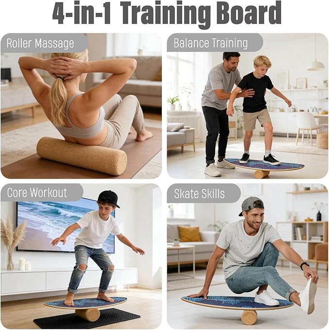 2026 NEW｜29" Surf Balance Board for Kids & Adults｜MAX. 350lbs Balance Boards with Cork Roller & Half Ball｜0.6" Wobble Board Trainer from Beginner to Advanced｜Wooden Slack Board
