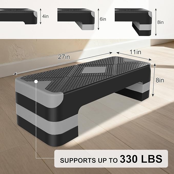 MIUDGIG 27" Exercise Workout Aerobic Step Platform Trainer, Adjustable Fitness 4-6-8in Exercise Stepper Workout with 4 Risers, Aerobics Stepper Workout Stepper for Home Gym Cardio Strength & Training