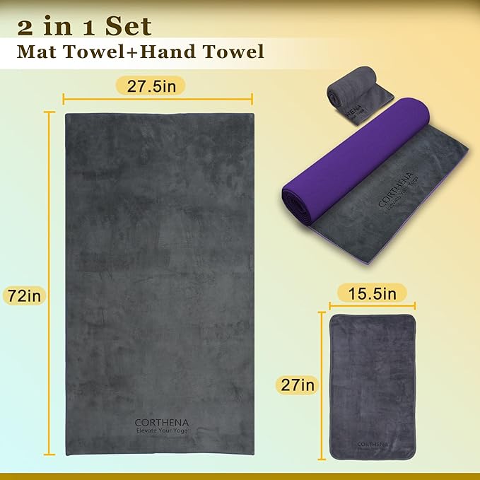 Yoga Mat Towel with Hand Towel, Extra Thick (600GSM) Soft Hot Yoga Towel, Non-Slip and Sweat Absorbent for Hot Yoga, Bikram, Pilates, and Fitness, 72" x 27.5", Dual-Color, Grey/Purple