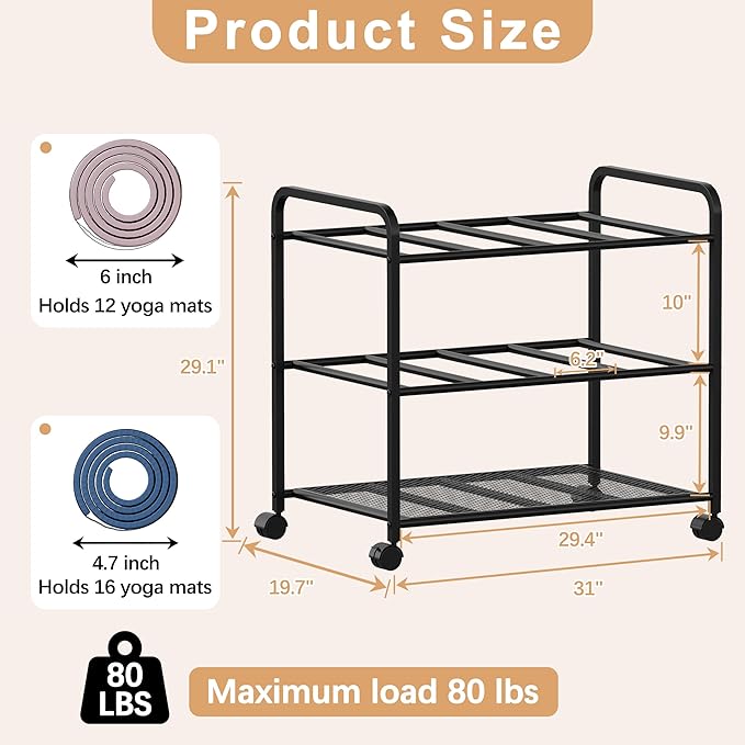 Yoga Mat Storage Rack with Wheels, Yoga Mat Rack for Fitness Class, Home, Gym, Workout Room, Home Gym Storage with Rounded Corners, Large-Capacity, Easy Assembly, Black