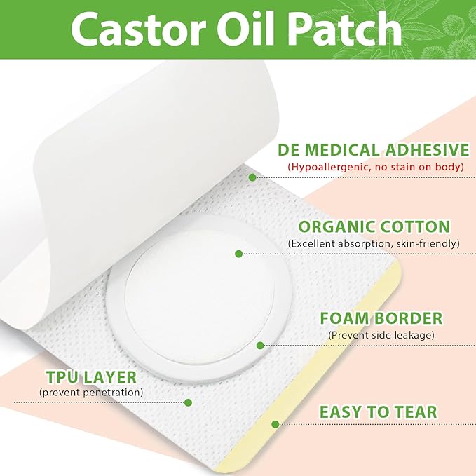 20 Pcs Castor Oil Patches with Organic Cold-Pressed Castor Oil (2.03oz) in Glass Bottle, Cotton Pack for Joints & Belly, Self-Adhesive & Disposable - Bonus Eyelash Care Kit
