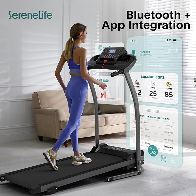 SereneLife Treadmills for Home with 13% Manual Incline Treadmill, 3.5HP - Compact Digital Portable Foldable Treadmill with Speakers, Bluetooth, App Sync, Heart Rate Monitor, for Walking, Running, Gym