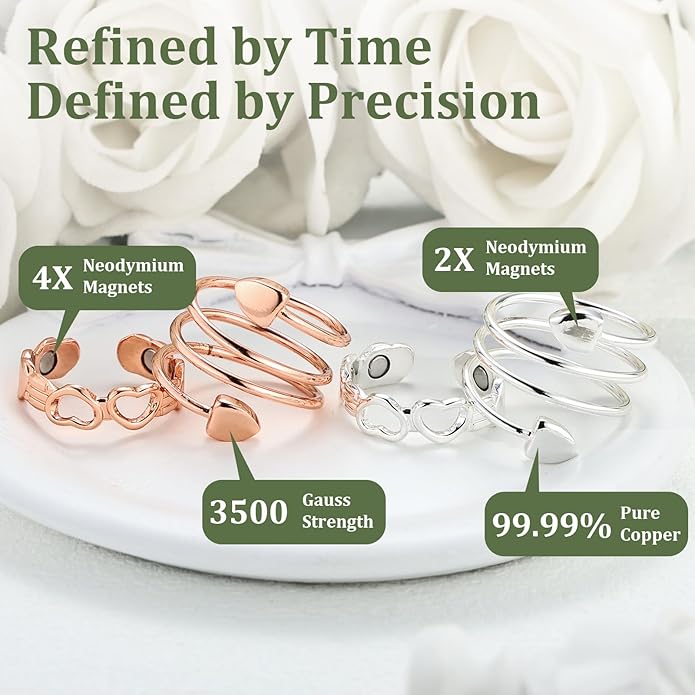 Magnetic Copper Rings Set for Women, Elegant Lymphatic Jewelry Gifts, Vintage Adjustable Vine Design