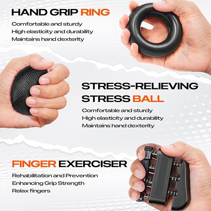 Grip Strength Trainer Kit (10-Pack): Adjustable Hand Gripper & Forearm Strengthener with Finger Stretcher, Ring, Stress Ball & 5 Bands for Muscle & Recovery.