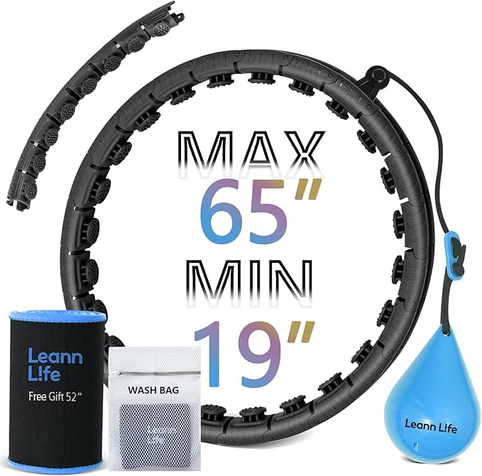 U2 Black-32 Knots 19”- 65”, Detachable & Size Adjustable Weighted Hula Hoop for Kids Adults Weight Loss, Infinity Hoop Plus Size, Abdominal Toner,5 Color Balls, Free Waist Trimmer&Wash Bag