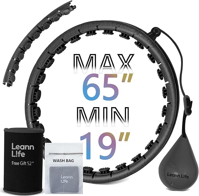 U2 Black-32 Knots 19”- 65”, Detachable & Size Adjustable Weighted Hula Hoop for Kids Adults Weight Loss, Infinity Hoop Plus Size, Abdominal Toner,5 Color Balls, Free Waist Trimmer&Wash Bag