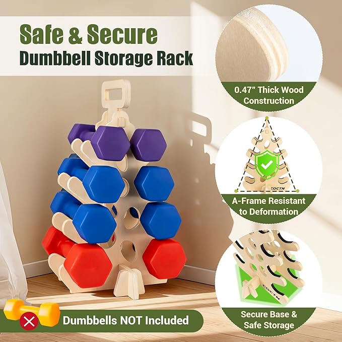 Dumbbell Rack Stand Only, Wooden 4-Tier Small Weight Holders for 5-15lbs Free Weights & Women, Compact A-Frame Hand Weight Rack for Home Gym Space Saving (Dumbbells Not Included)