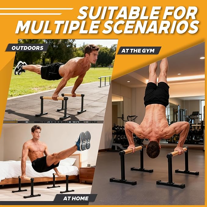 Wooden Parallel Bars 20" Length 12" Height,Dip Bar with Thick Beech Handles, Push-up stands for Handstand, L-Sit, Gymnastics, Strength Training Home Gym,Anti-slip Mats, Easy to Install,700lbs